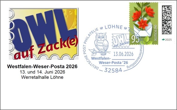 Beleg OWL auf Zacke - Westfalen-Weser-Posta 2026 - Sonderstempel Eule